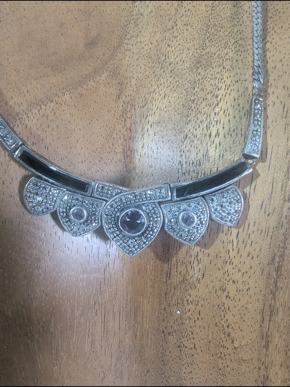 NWT Sterling Silver Tone Tribal Fan Pendant Necklace Marcasite Amethyst New